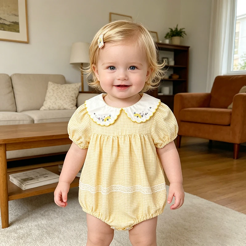 2026 Summer Baby Girl Embroidered Collar Bodysuits 0-24M Baby Girl Romper Newborn Short Sleeved Baby Girl Yellow Jumpsuit