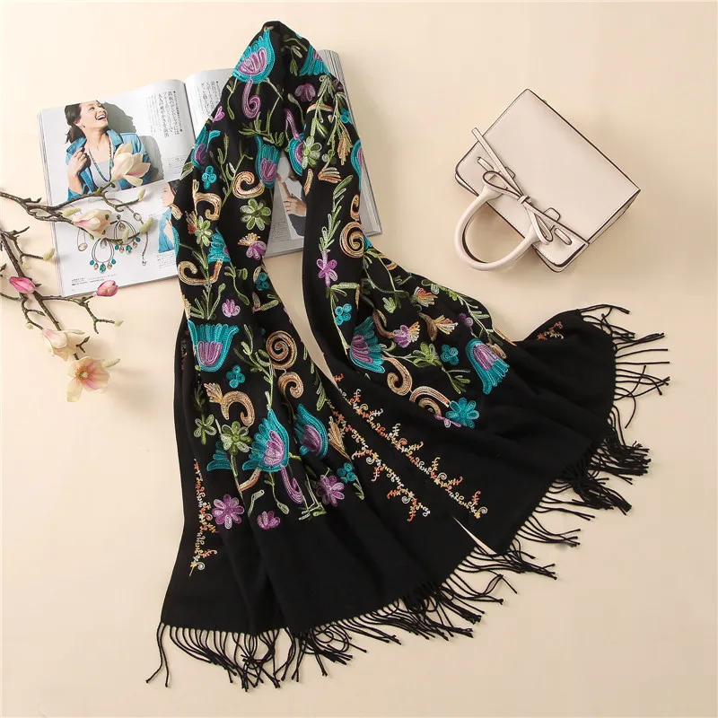 Women Cashmere Scarf Embroidery Thick Warm Shawl Winter Lady Foulard Fashion Big Size Head Wraps Pashmina 2022 New Bufanda