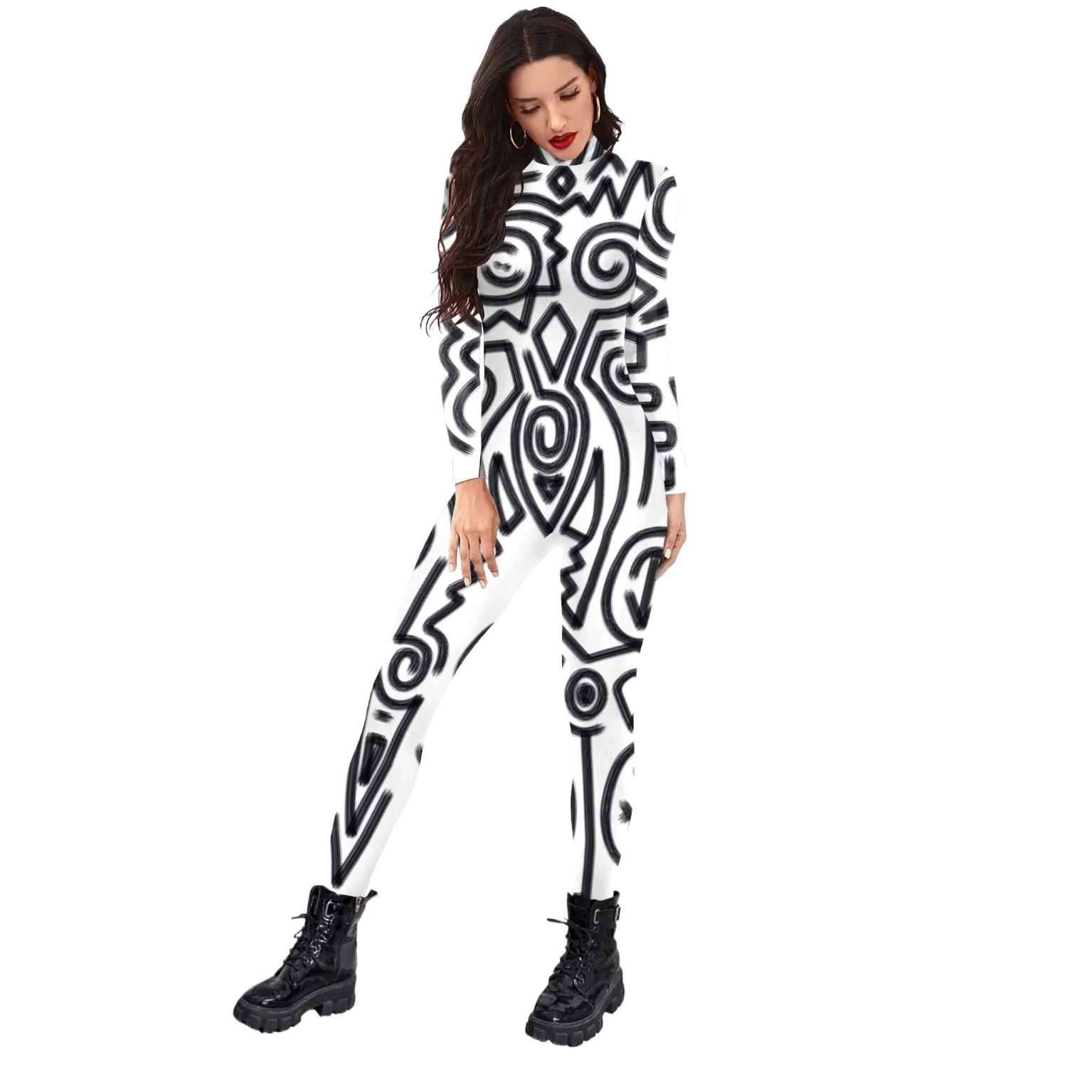

New Black And White Retro Abstract Floral Digital Print Bodysuit Halloween Jumpsuit Adult Evening Party Performance