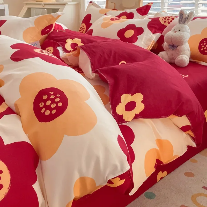 

Комплект постельного белья в стиле Ins с растительным принтом, скандинавский, из шлифованного материала, приятный для кожи, для дома, для сна без одежды, всесезонный.