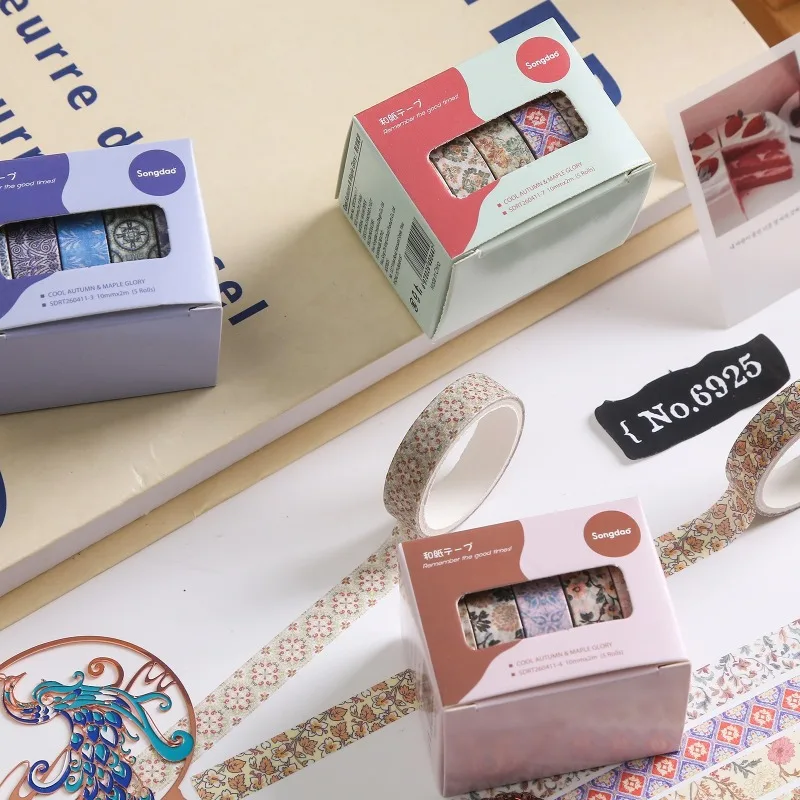Autumn Maple‑Leaf Series Retro Dunhuang Floral Washi Tape Set, DIY Scrapbook Journal Decorative Masking Tape Supplies