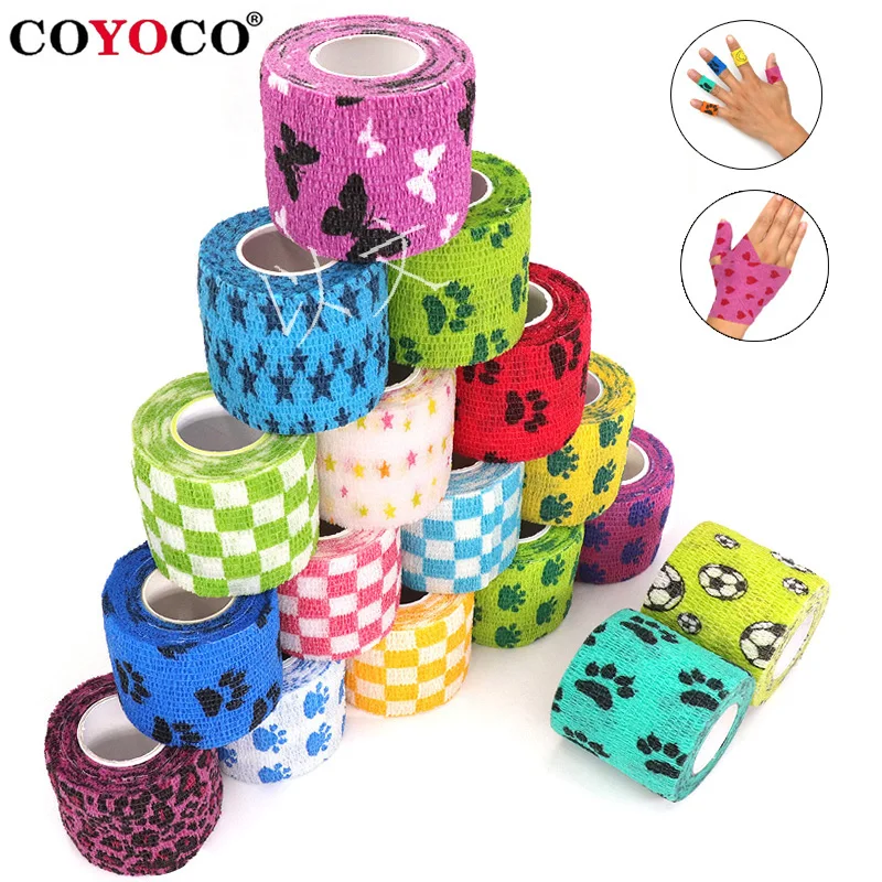 1 Pcs Printed Self Adhesive Elastic Bandage 4.8m Colorful Sports Wrap Tape for Finger Joint Knee First Aid Kit Pet Tape