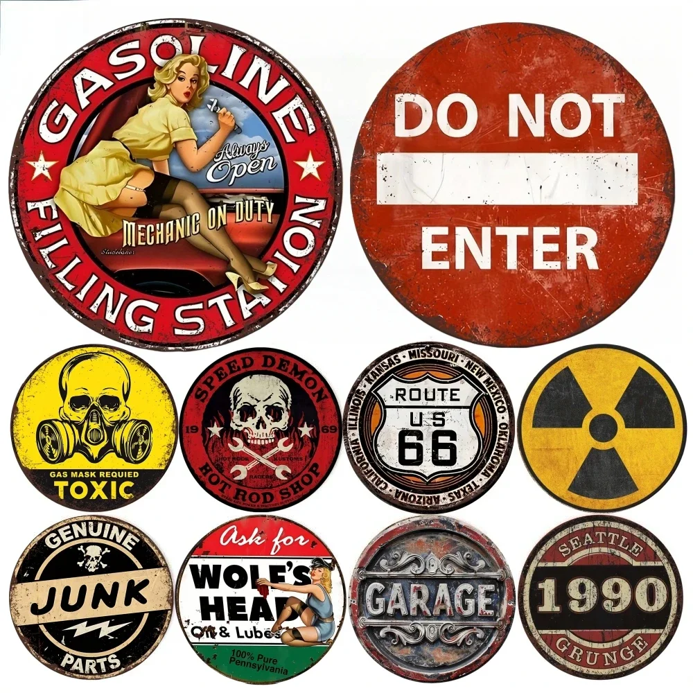 Vintage Americana Assorted Themed HD Metal Tin Signs Set - Retro Gas Station, Stop Sign, Route 66, Toxic, Hot Rod Shop, Nuclear,