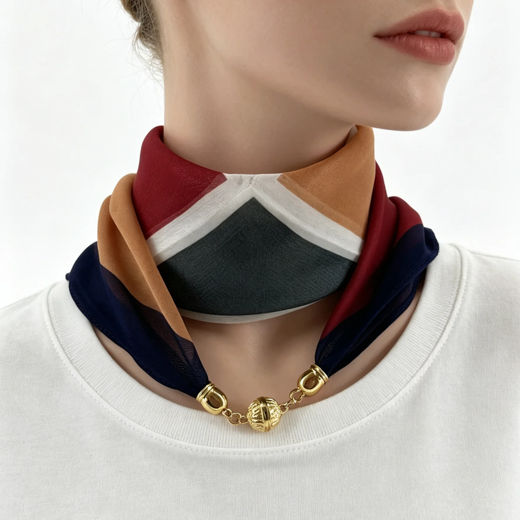 Magnetic Buckle Chiffon Scarf, 4-color Geometric Plaid Scarf, No-Tie Minimalist Neck Scarf, All-match for Commute Travel & Photo