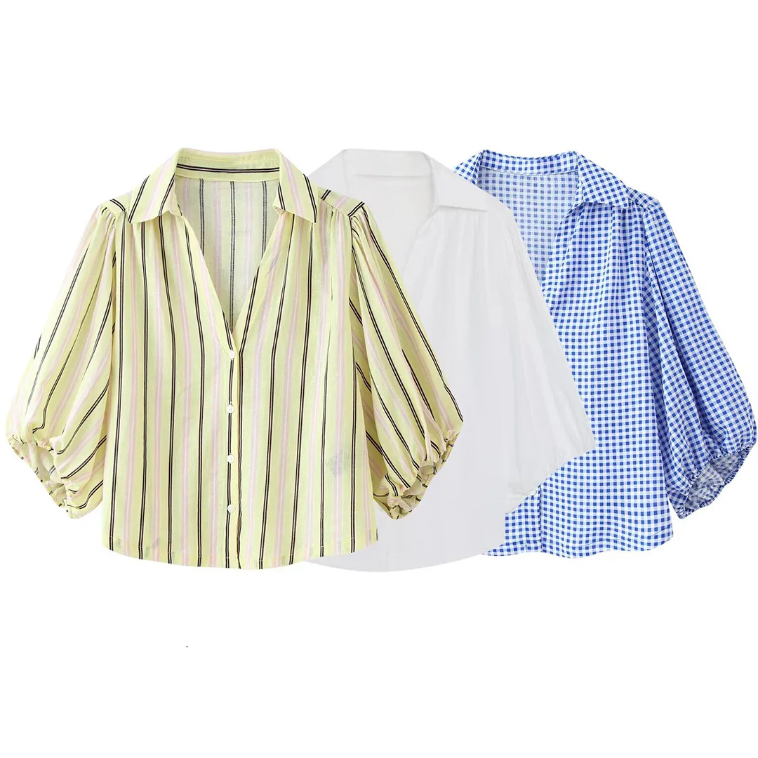 Y2k Casual Slim Woman Women Yellow Outwear 2026 Spring Summer Puff Sleeve Versatile Blend Shirt