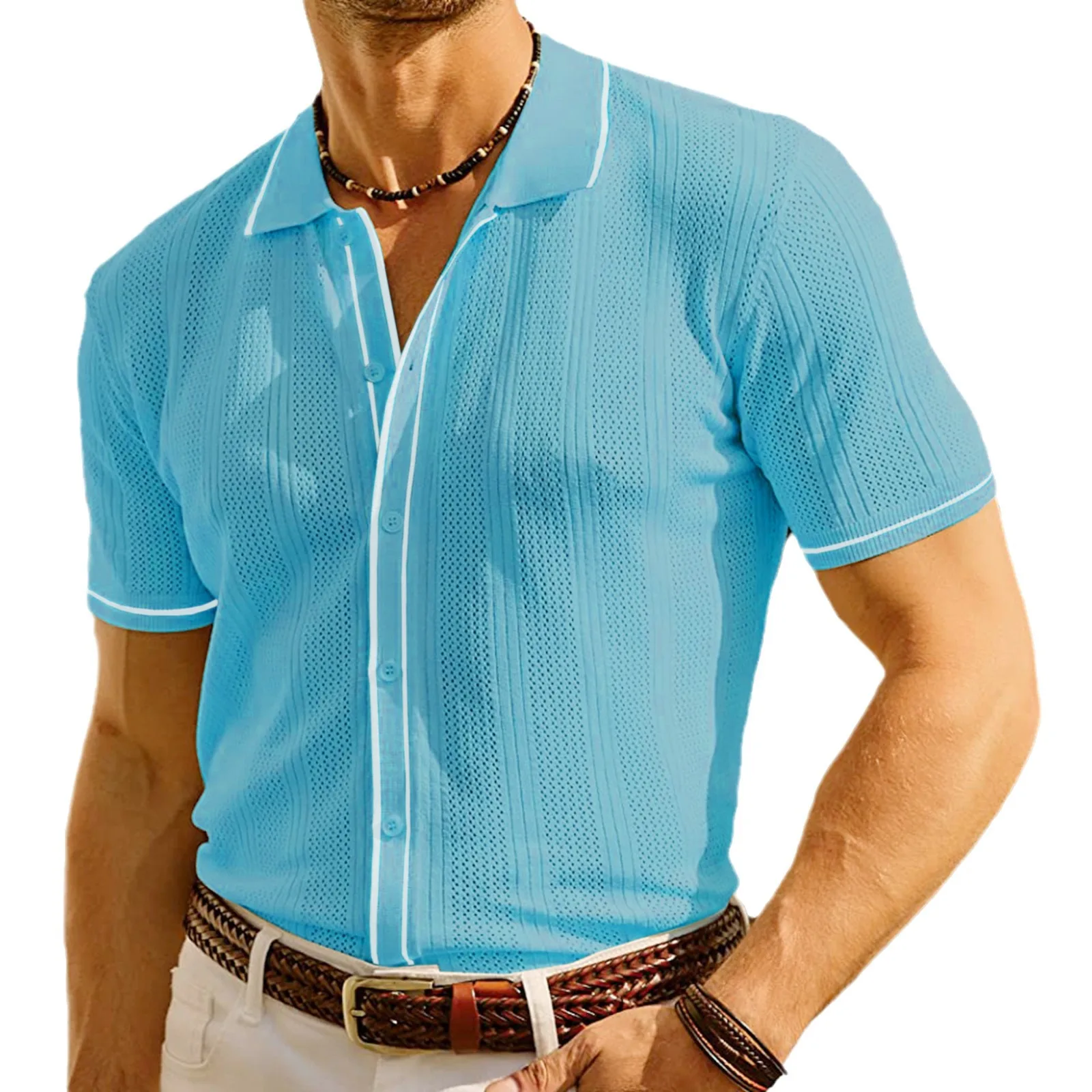 Fashion Turn-down Collar Knitted Polo Shirt Men Casual Short Sleeve Hollow Out Breathable Knit Tops Summer Mens Knitting Clothes