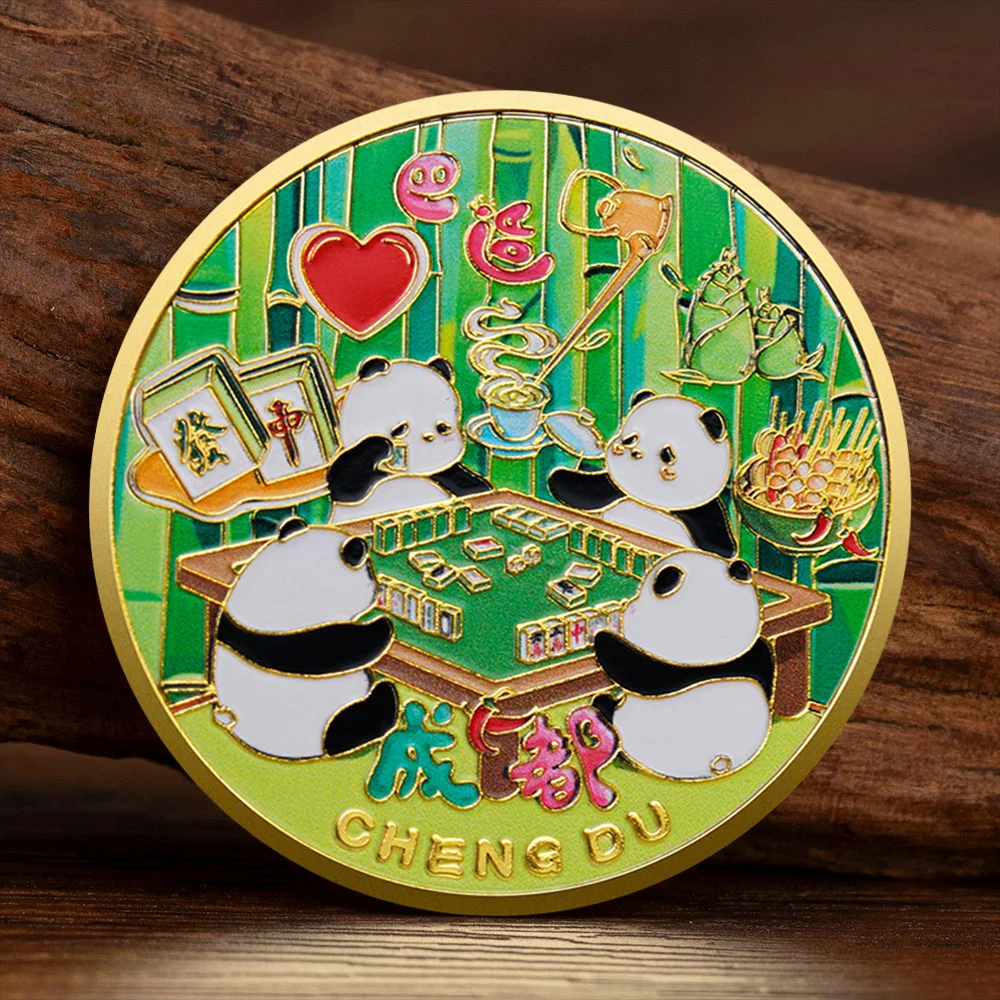 Позолоченная памятная монета Chengdu Impression, Маджонг-играющая панда, оперная панда, коллекционные монеты, счастливые маленькие подарки