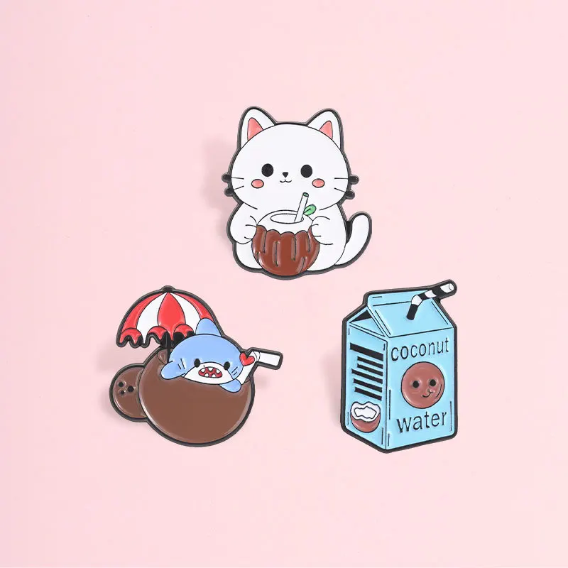 Summer Coconut Theme Brooch Cute Cat Shark Coconut Drink Cartoon Alloy Badge Pin for Party Casual DIY Bag Clothes Decoration