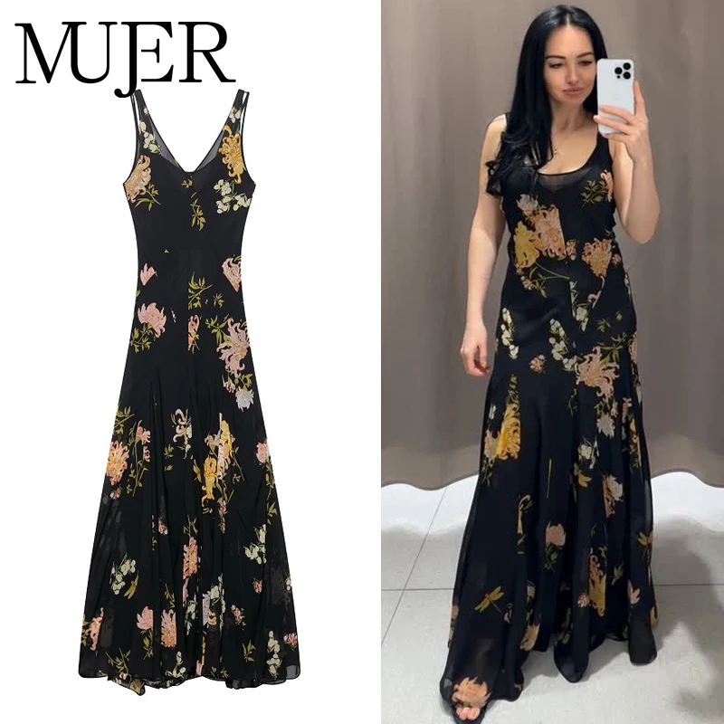 MUJER أسود طباعة فساتين طويلة للنساء زلة عارية الذراعين فستان ماكسي امرأة حزام الشاطئ فستان صيفي امرأة 2025 فساتين سهرة مثيرة