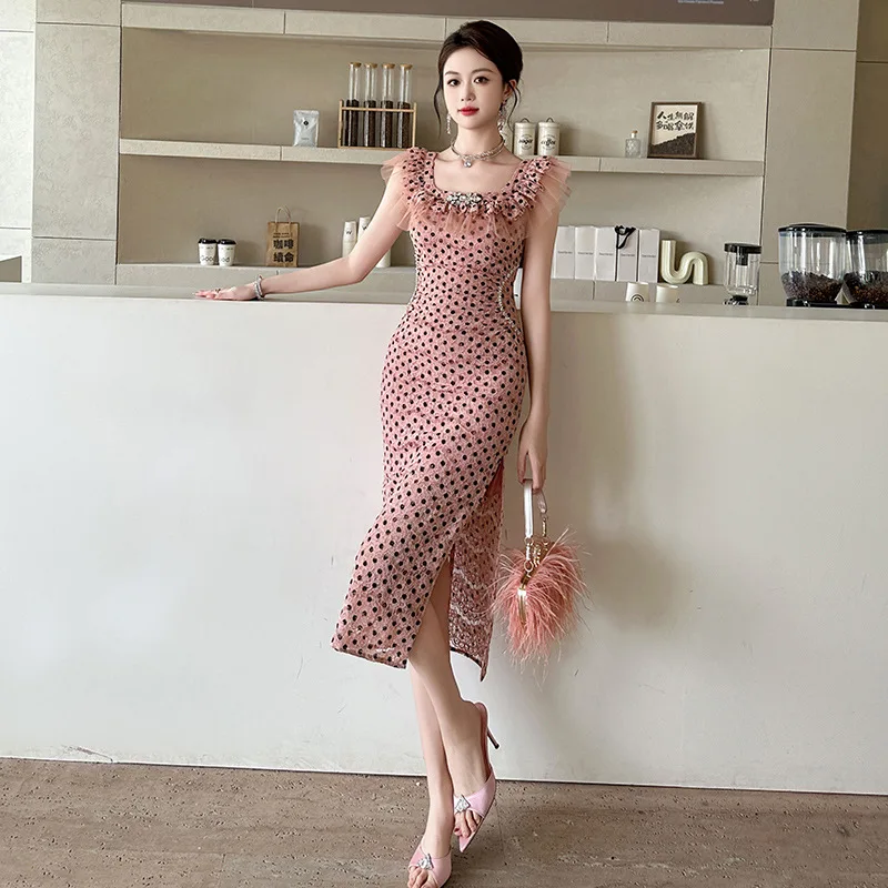 A-Leibniz - Pink Polka Dots, Lace Dress, Women's Clothing, V-Neck, Waist Slimming, Elegant Skirt