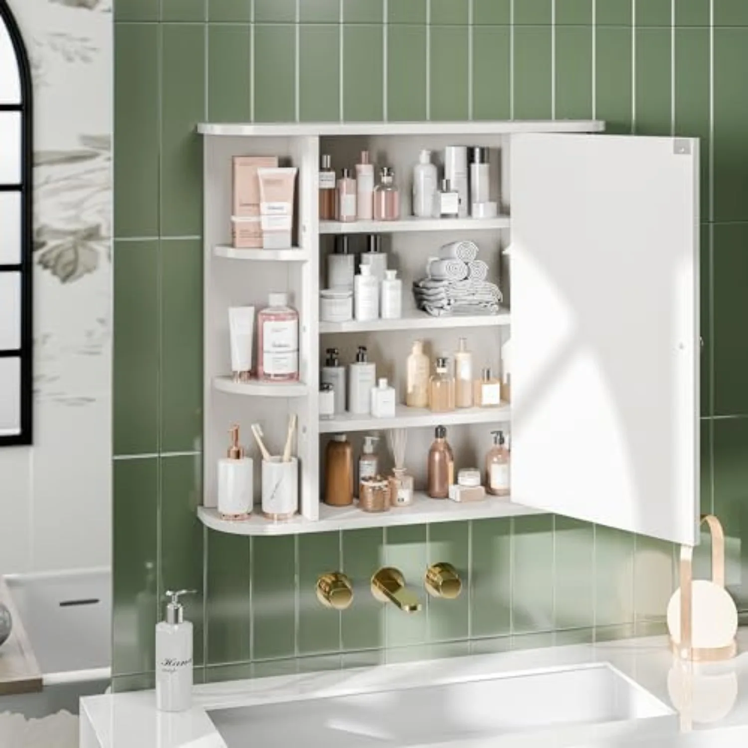Bathroom Medicine Cabinet, Bathroom Mirror Cabinet Wall Mounted with 6 Side Open Shelves, White Wall Cabinet with view 5