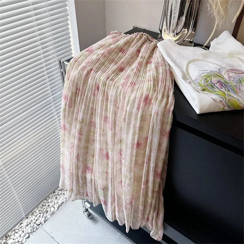 Elegant Fresh Oil Painting Flower Medium Long Pleated Skirt Women Summer Slimming A-Line Chiffon Ruffle Skirt Floral Skirt