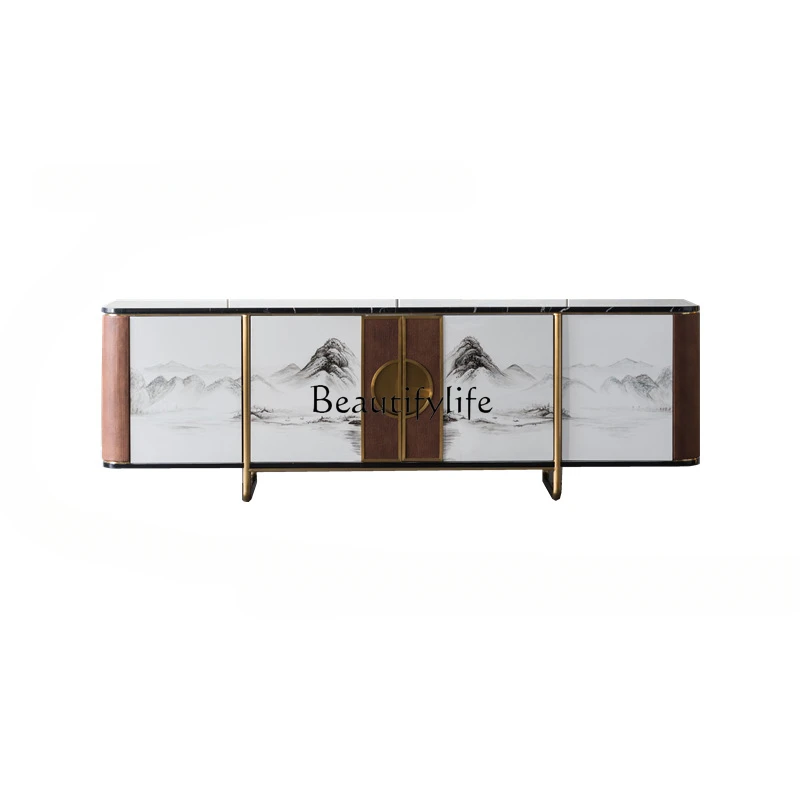 

New Chinese light luxury stainless steel rock panel TV cabinet post-modern simple living room