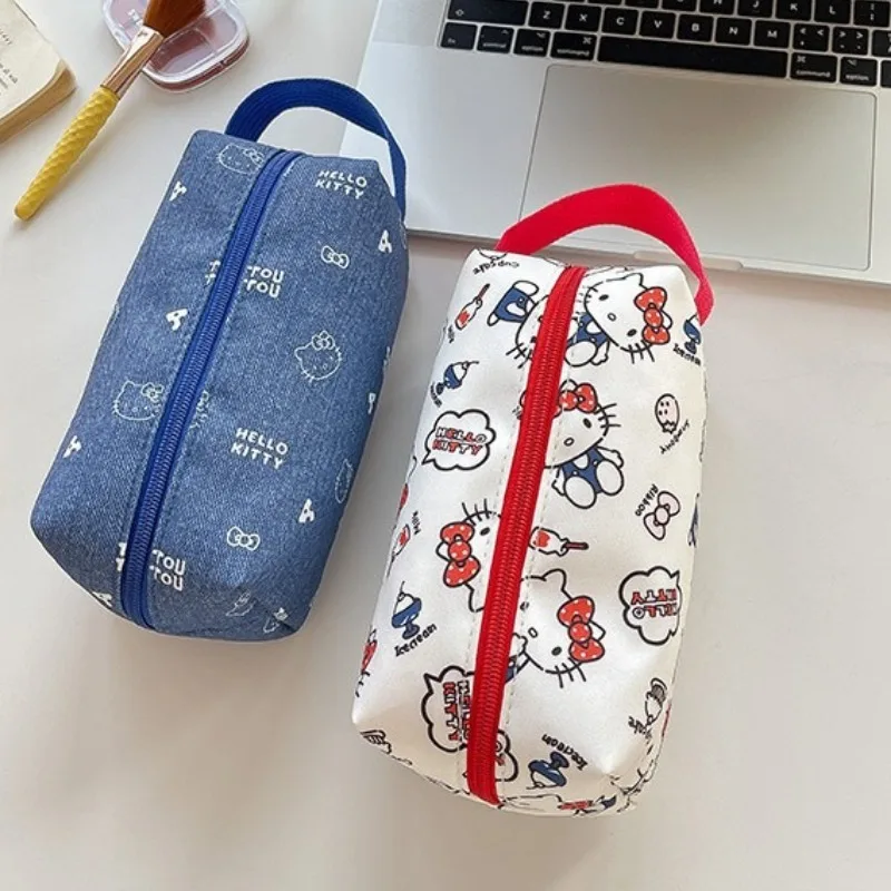 

Kawaii Sanrio Hello Kitty Portable Stationery Bag Fashion Cartoon KT Printing Large Capacity Cosmetic Bag for Women Pencil Case