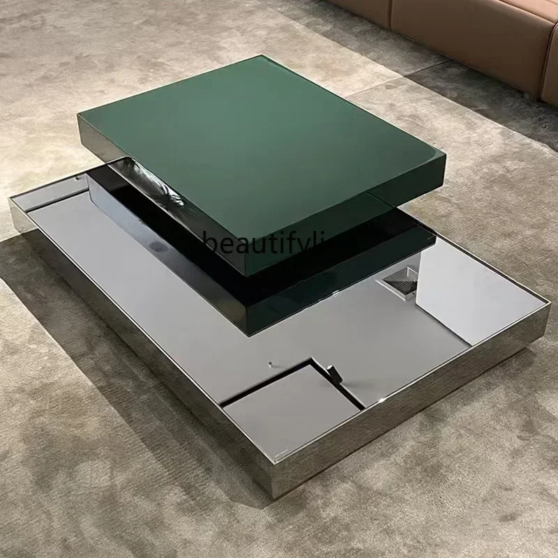 

53 Italian minimalist designer light luxury living room high-end stainless steel mirror glass villa large flat coffee table