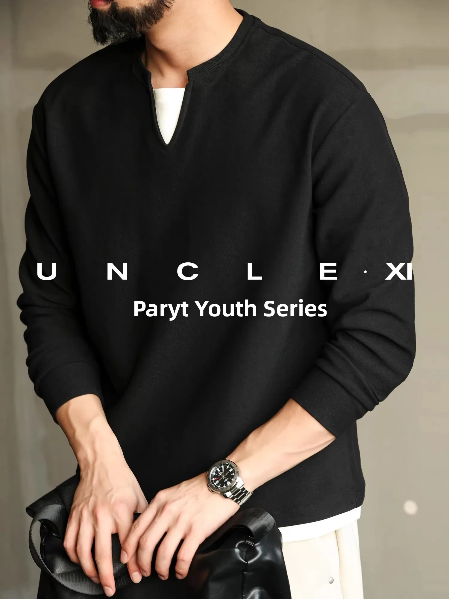 

Мужская повседневная футболка с длинным рукавом, атласная текстура, смесовое волокно, двойной слой, V-образный вырез, весенняя, дышащая, комфортная, свободного кроя, базовая модель