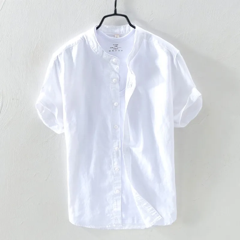 

Japanese Style Linen Cotton Loose Fit Short Sleeve Thin Shirt Breathable Casual Collar T-Shirt for Men Summer Beach Wear