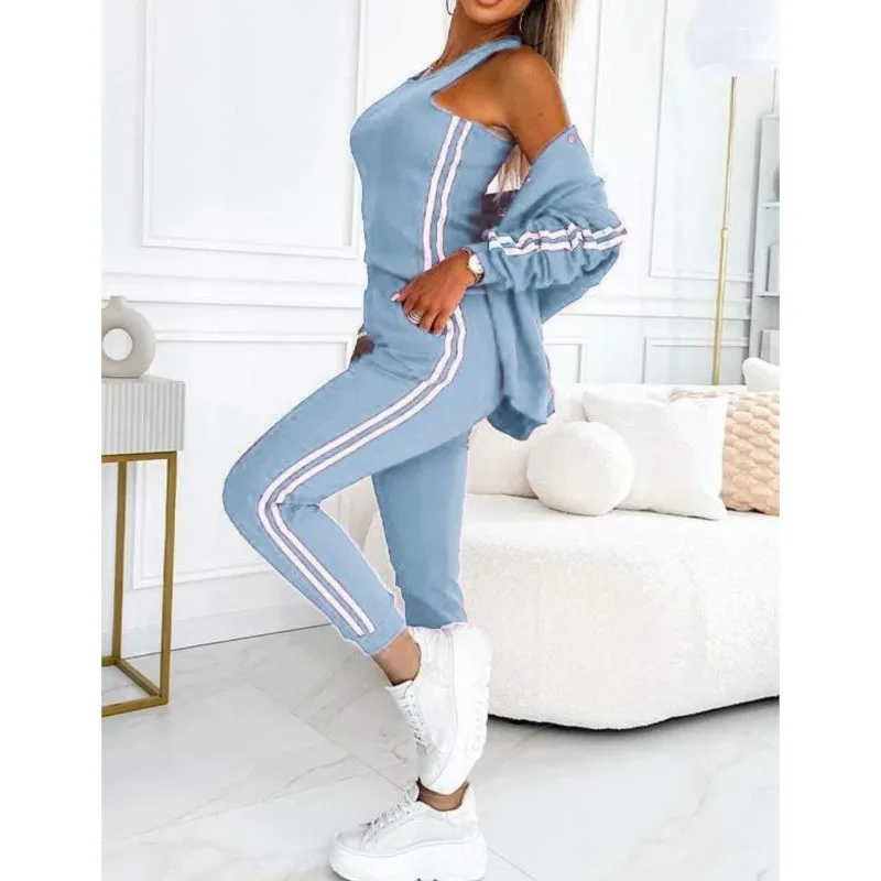 Setelan Olahraga Kasual 3 Potong 2025 Jaket Hoodie Bergaris Warna Solid + Rompi Tank + Celana Slim Wanita Tracksuit