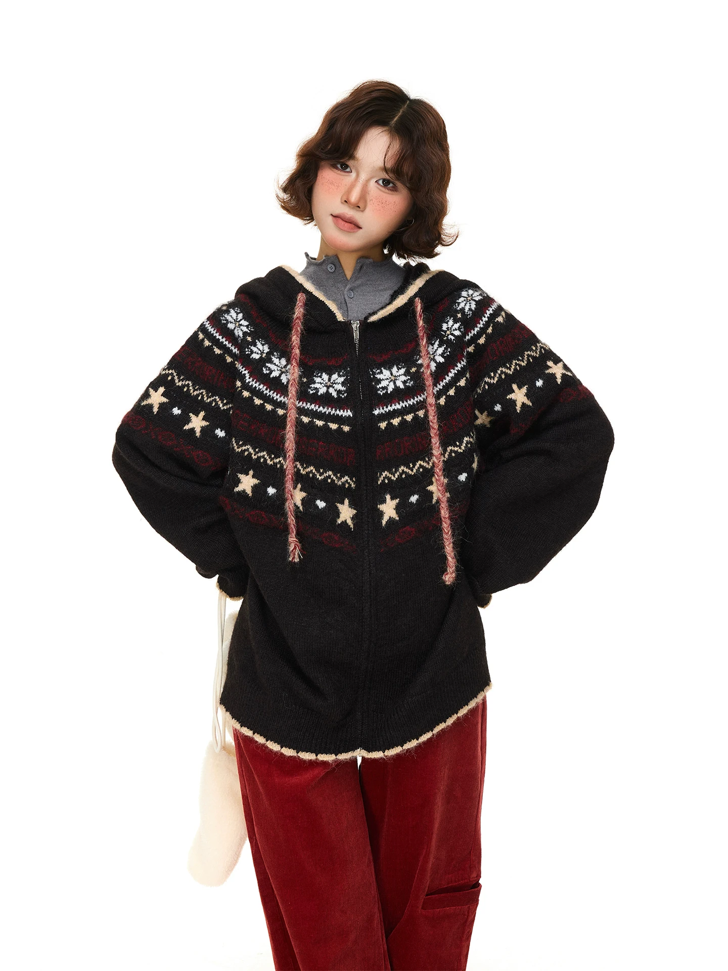 

Американский ретро трикотажный свитер Fair Isle, женский осенне-зимний свободный ленивый свитер Mian Nian Old op, мягкий длинный свек с капюшоном