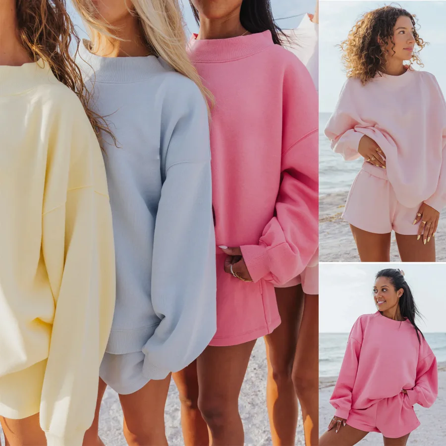 Comfortable Set Oversized Long-Sleeve Crewneck Tracksuit Fleece Lined Pullover Loungewear Relaxed Comfort Bottoms Two-Piece