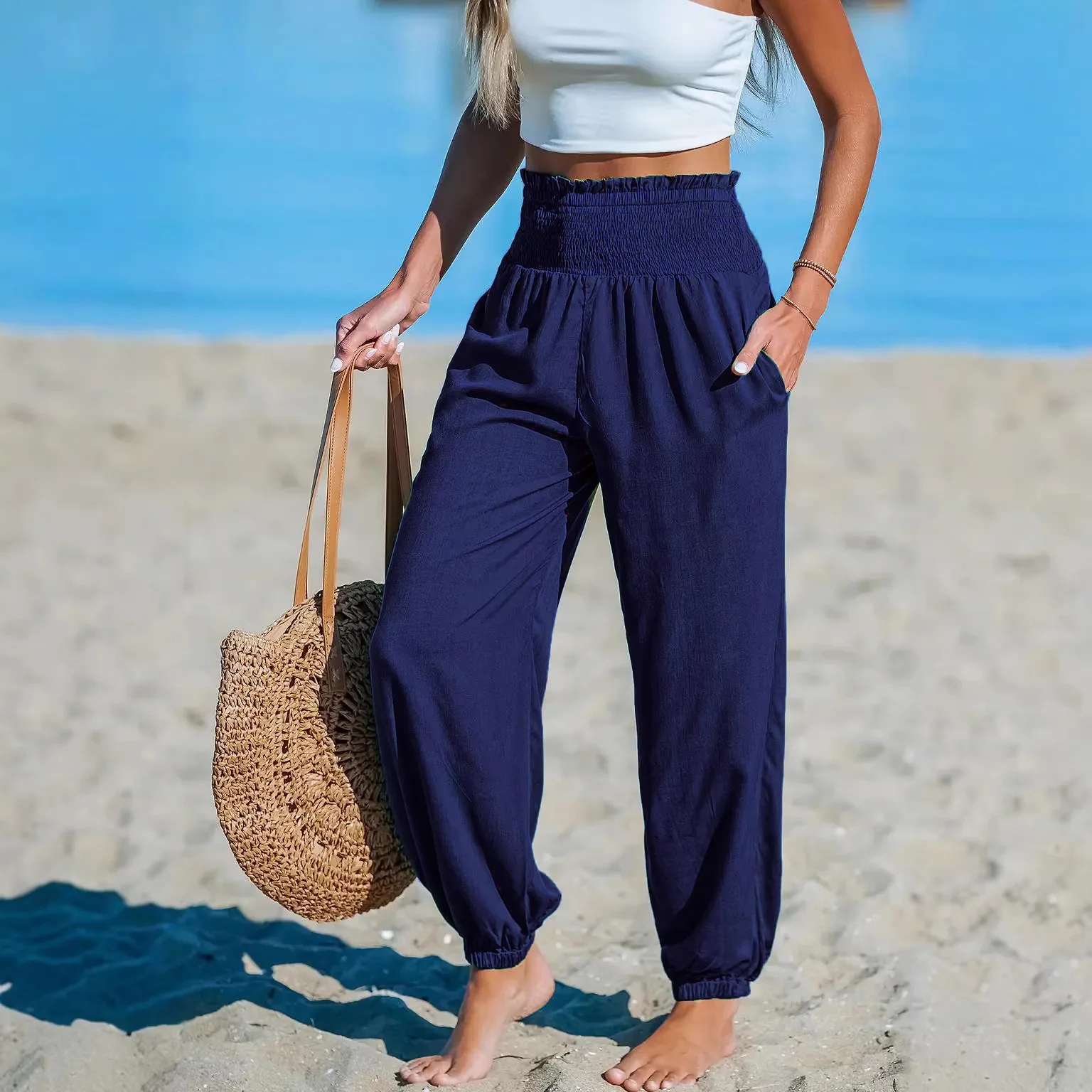 

Fall Pants 2026 Women Vintage High Waist Commuting Casual Trousers Women's Beach Vacation New Style Elastic Waist Loose Trousers
