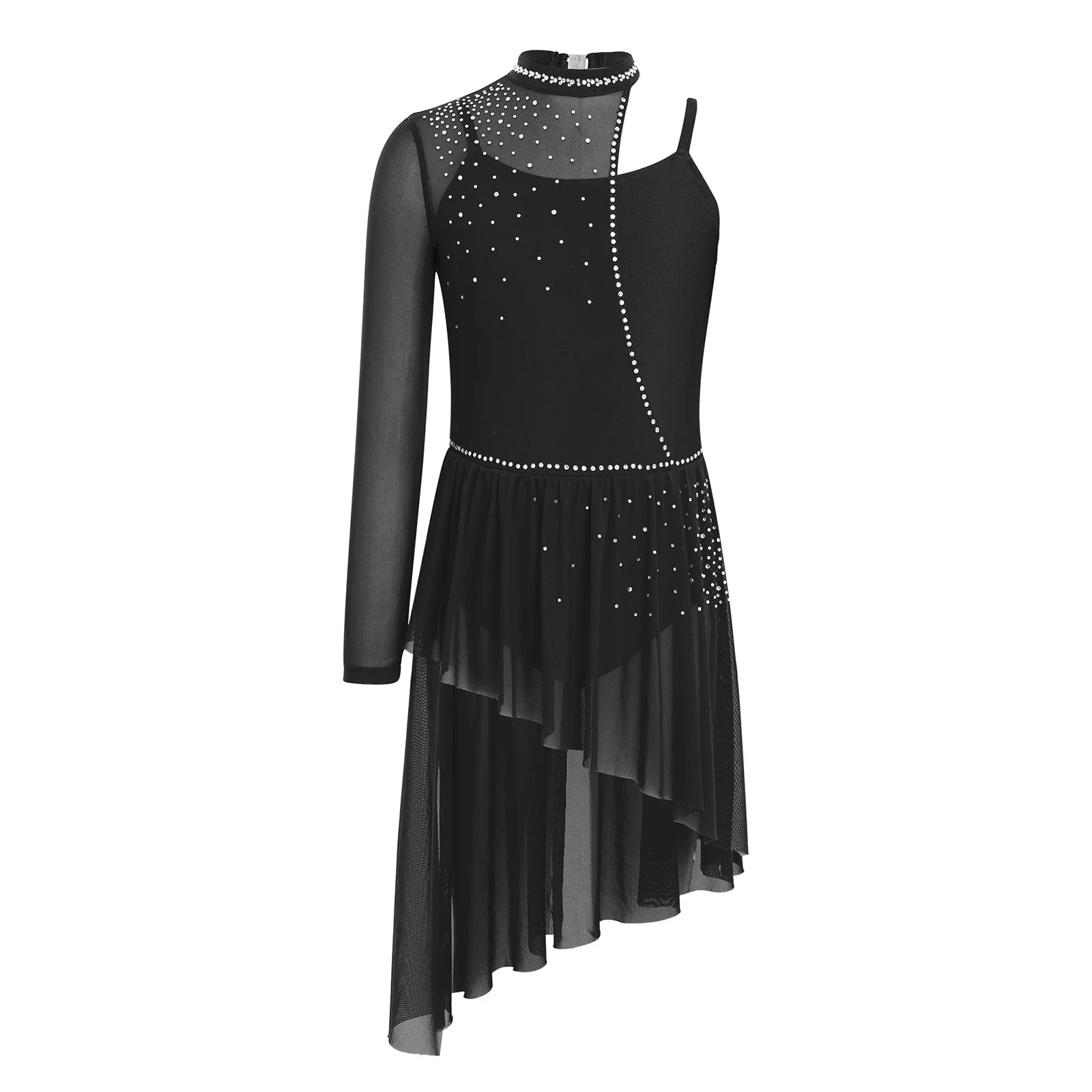 

Kids Girls Modern Dancewear Ballet Ballroom Dance Performance Leotard Dress Single Long Sleeves Rhinestones Asymmetrical Dresses