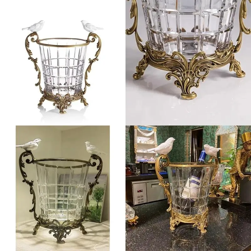 High-end handmade top design crystal glass medium clear bronze classic brass vase