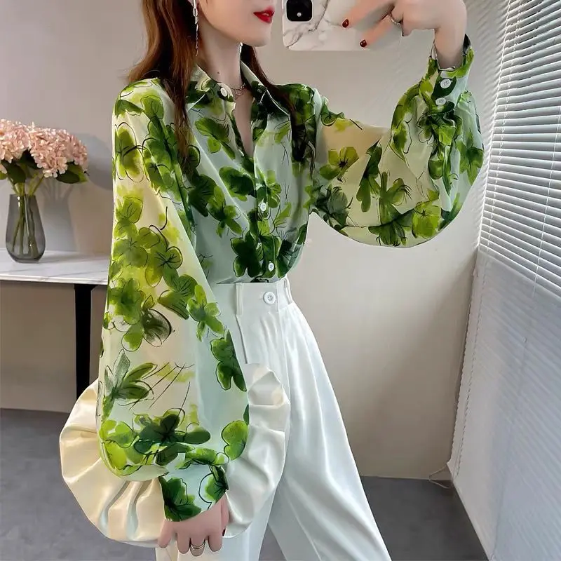 Retro Shirts Women Lantern Sleeve Design Chic Print Harajuku High Street All-match Elegant Classic Blusas De Mujer Autumn Lady