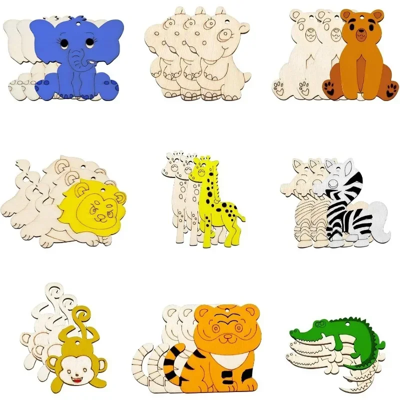 

9pcs 9 Styles Zoo Animals Unfinished Wood Cutout Monkey Lion Elephant Tiger Bear Wood Slices Charms for DIY Printing Art Craft