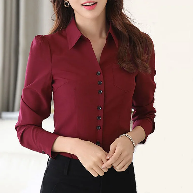 2022 New Spring and Autumn Fashion Trend Leisure Commuting Professional V-neck Women\'s Solid Color Panel Pocket Slim Fit Shirt