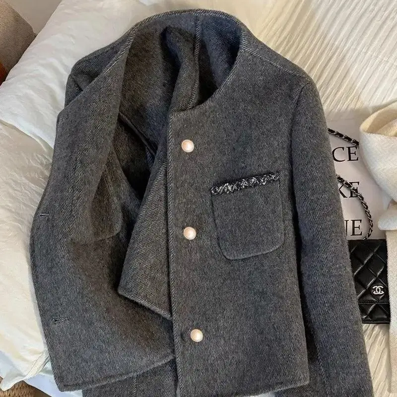 معطف صوفي رمادي أنيق من التويد على الوجهين للنساء وصل حديثًا لخريف وشتاء 2025 معطف فضفاض مناسب عصري