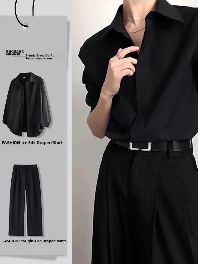 

Мужской комплект Bla Naples DK: прямые струящиеся брюки и рубашка с длинным рукавом из полиэстера, осенний, высококачественный, в британском стиле