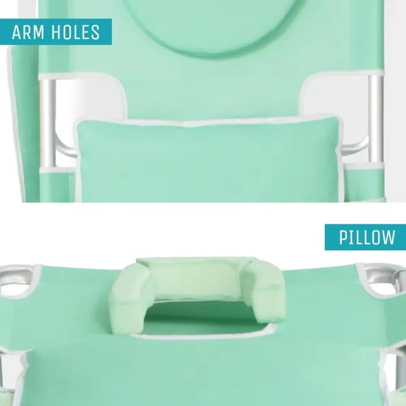 

Padded Beach Chair w/ Face Cushion & Arm Holes, Teal - Lightweight Folding Recliner w/ Adjustable Backrest & Footrest,Cup Holder