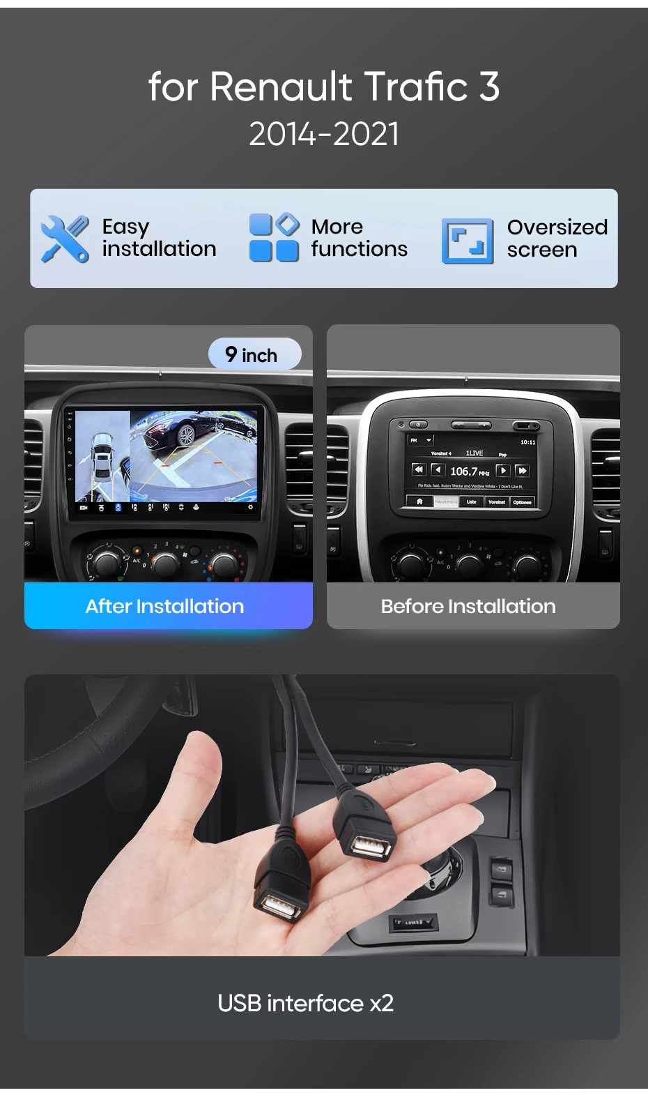 Junsun Autoradio für Renault Trafic 3 2014-2021 mit CarPlay, Android Auto, FM, RDS, DSP, BT, GPS-Navigation, SWC, HD IPS Touchscreen, Plug & Play Multimedia-Player, Freisprechfunktion, Original-Autostil-Haupteinheit – Detail 9