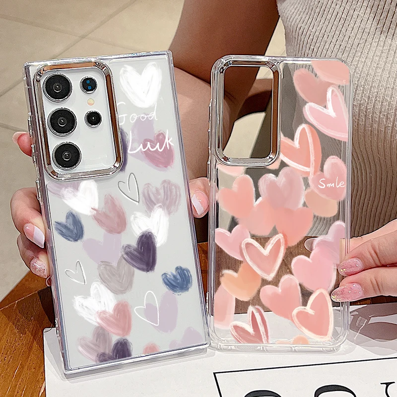 

Letter Heart Case For Samsung Galaxy S24 S22 S23 Ultra S23 S21 FE A15 A35 A52 A53 A54 A55 Plating Lens Frame Clear Phone Cover