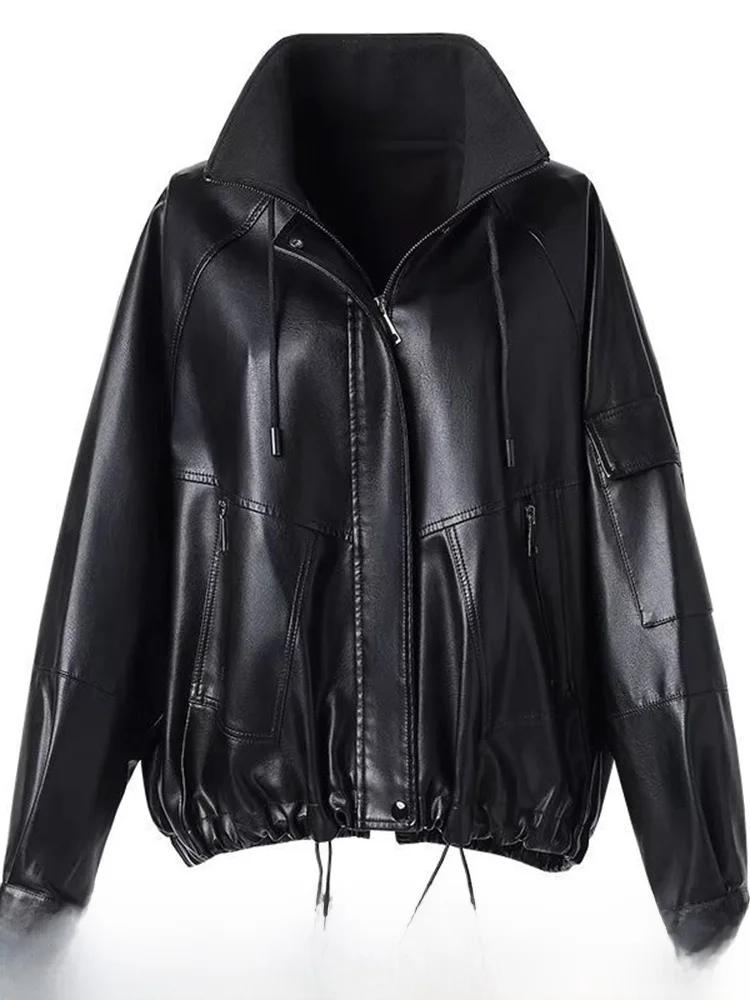 Faionable Real Leather Jaet Women's Loose Casual Biker Sle Autumn Winter eepskin Coat Trendy Zipper ort Length
