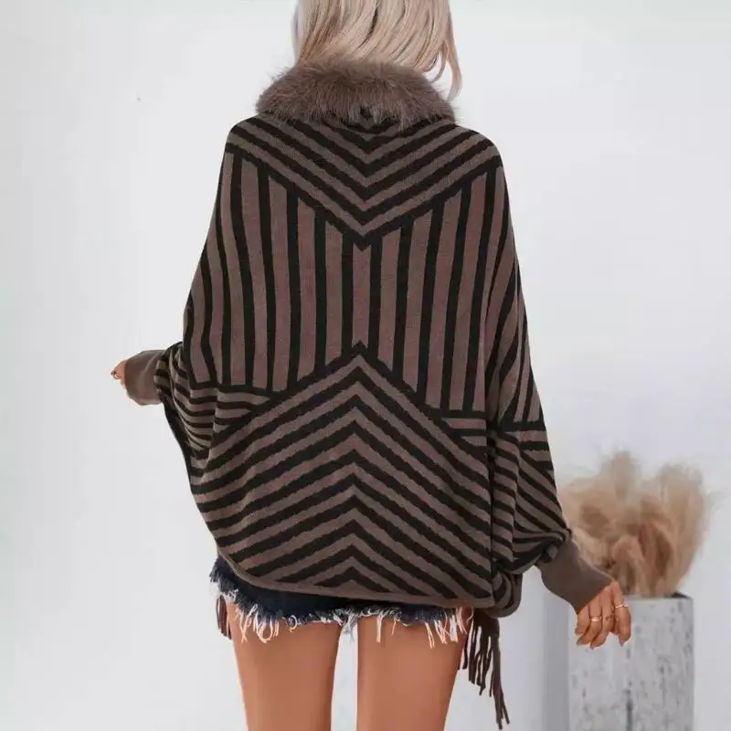39BD Furry Collar Sweater Shawl Wrap for Women Knit Striped Ponchos Sleeve Shrug Sweater Cardigan Open Front Coverup