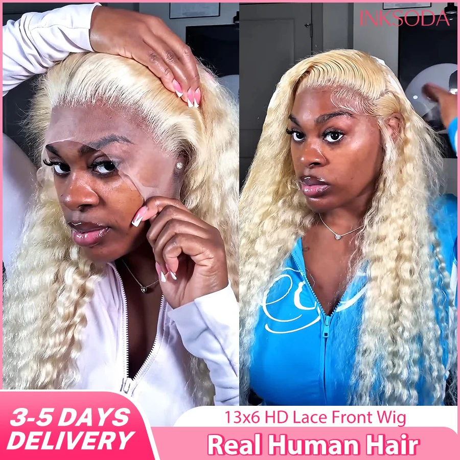 

613 Blonde Colored 220% Density 38 Inch 13x6 13x4 HD Transparent Lace Front Wigs Human Hair Curly Deep Wave Brazilian Transparent Lace Frontal Wig For Women Human Hair 613 Colored Wigs Pre-Plucked Prebleached