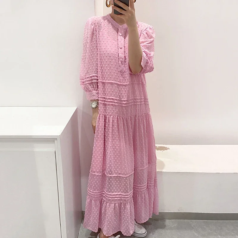 

Korean Chic Gentle Temperament Polka Dot Round Neck Single Breasted Puff Long Sleeve Loose Dress for Women Holiday Dress