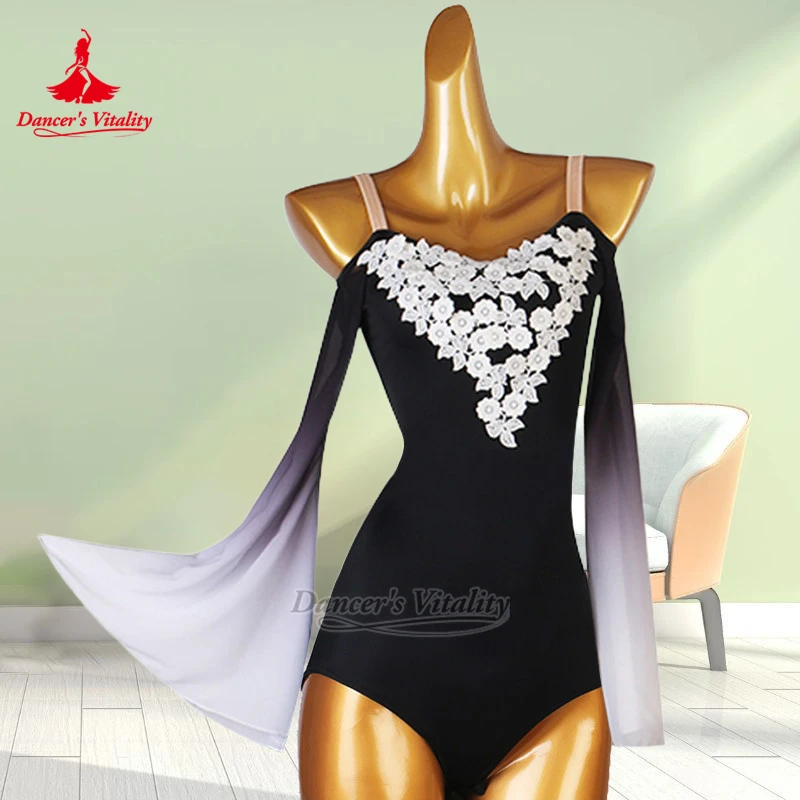 Women Latin Gradient Color Long Sleeves Jumpsuit Dancer's Vitality Child&Adult Chacha Samba Training Dew Shoulder Top Customized