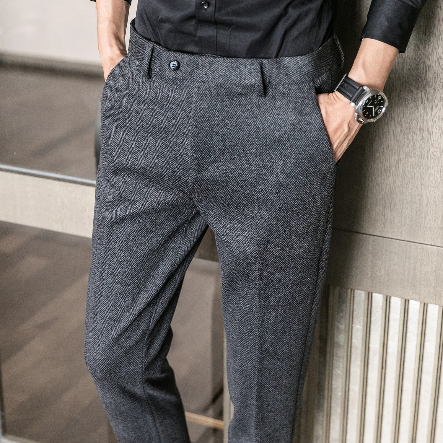 Woolen Dress Pants Formal Office Suit Pants Men Slim British Style Wool Business Black Gray Dress Trousers