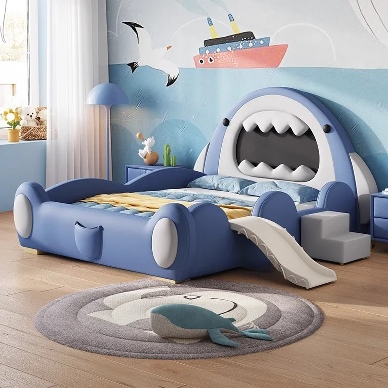 

Boys and Girls Children's Bed with Guardrail Slide Solid Wood Cartoon Creative Leather