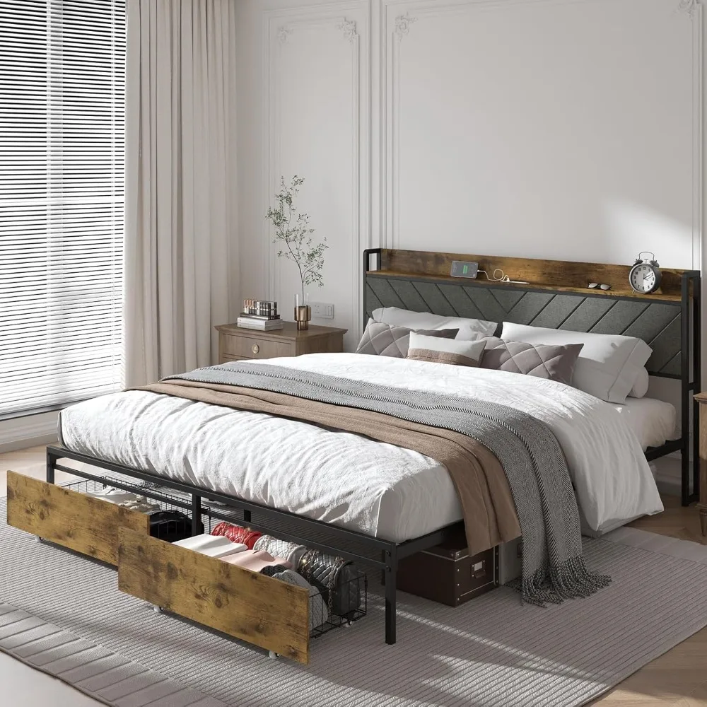 

King Bed Frame with Storage Headboard, Platform Bed with Drawers and Charging Station, No Box Spring Needed