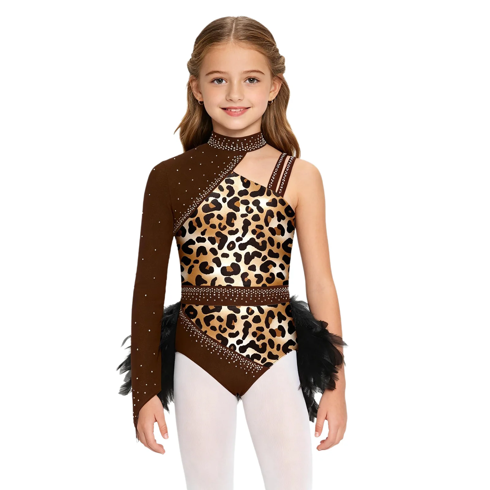 Sparkly Rhinestones Feather Skirted Leotard for Kids Girls Asymmetrical Sleeve Ballet Dance Dress Jazz Lyrical Modern Bodysuits