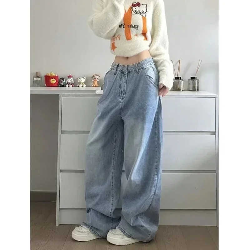 Hello Kitty Sanrio Y2k Denim Pants Retro Letter Embroidery Jeans High Waist Loose Wide Leg Trousers High Street Pants For Women