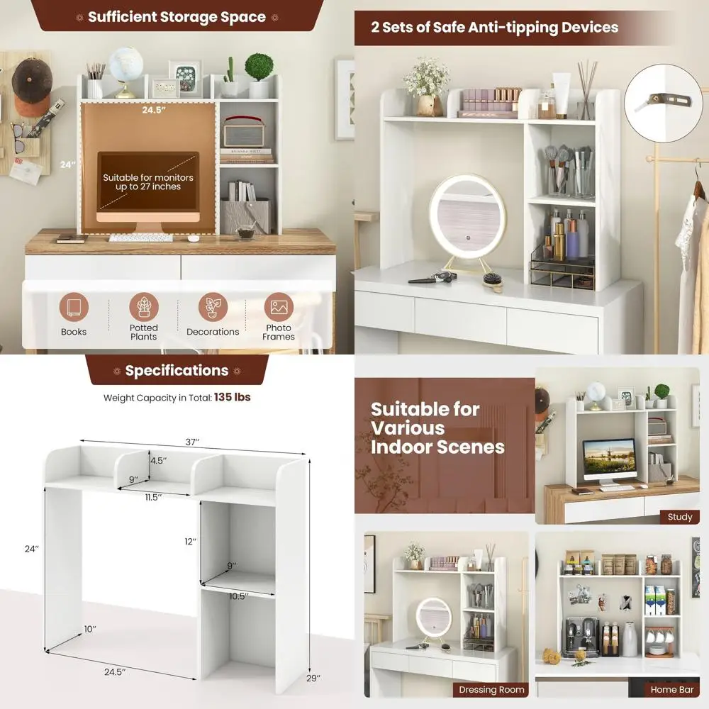 

Wooden Monitor Stand with 5-tier Shelves, Anti-Tip, Non-Slip Pads for 27 Screen, Desk Organizer for Home Office or Dorm (White)