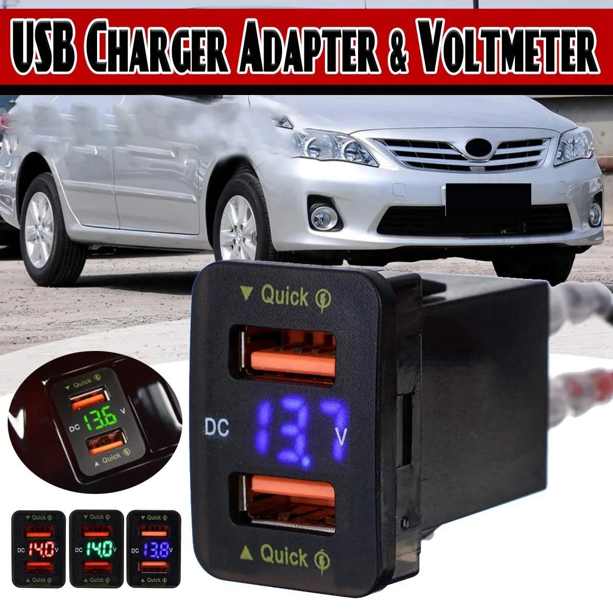 36W Car Fast Charger QC3.0 Adapter Dual USB Adapter Digital Display Voltmeter for 23X33mm Red