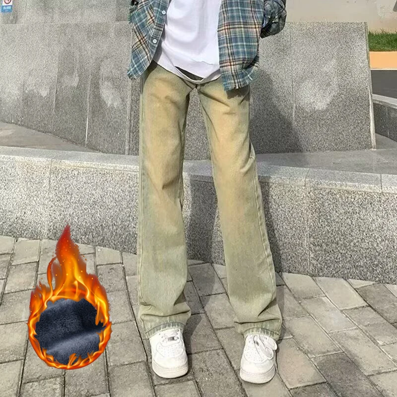 

Новинка 2025, мужские осенне-зимние теплые джинсы, мужские утолщенные джинсовые брюки на флисовой подкладке, свободные прямые эластичные брюки глиняно-желтого цвета