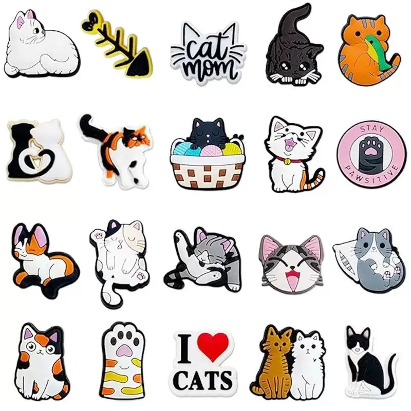 20pcs Cute Cats Shoe Charms Accessories Orange Black Cat Shoe Decoration Claw Fish Bone Clog Pin for Women Grils Gift