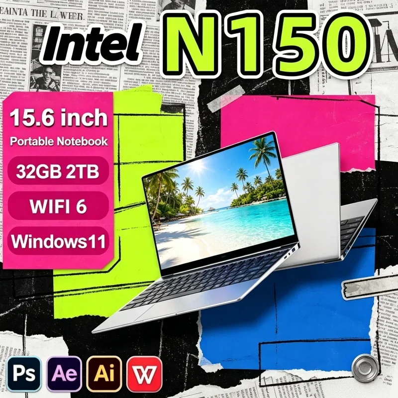 15.6 Inch Gaming Laptop with Intel Core N150 32GB RAM 1TB 2TB SSD WiFi 6 Windows 11 Lively Laptop